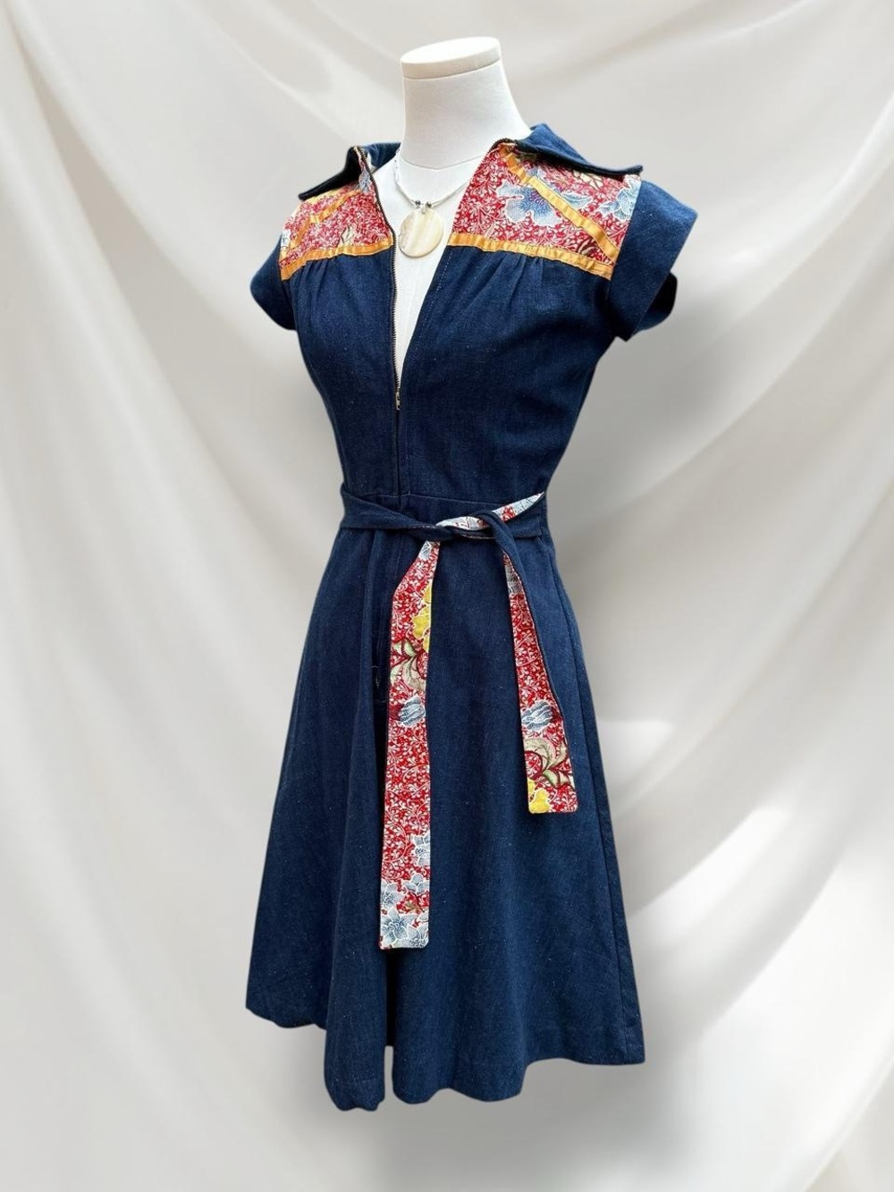 Navy Floral-Trim Fit & Flare Dress with Belt - Picture 8 of 8
